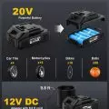 Portable air compressor with 20V rechargeable battery and 12V DC adapter for inflating car tires,   bicycle tires,   and sports equipment.