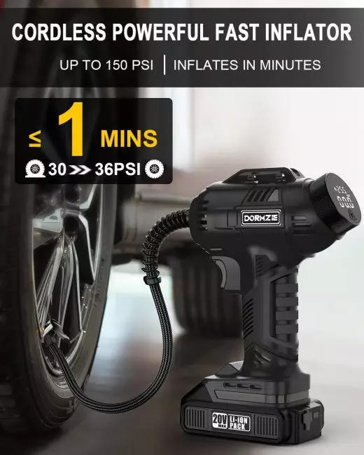 Cordless tire inflator with 20V lithium-ion battery and 150 PSI max pressure for quick tire inflation