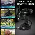 Cordless portable air compressor with digital display,   20V lithium-ion battery,   four preset inflation modes for cars,   motorcycles,   bikes,   and balls,   and multiple nozzle attachments