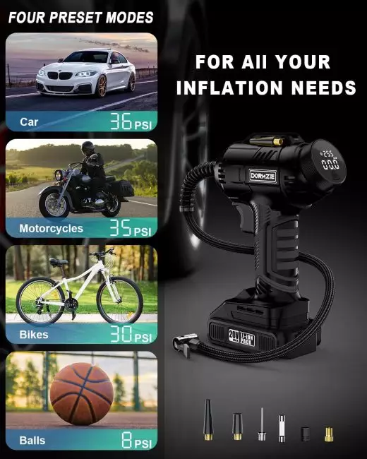 Cordless portable air compressor with digital display, 20V lithium-ion battery, four preset inflation modes for cars, motorcycles, bikes, and balls, and multiple nozzle attachments
