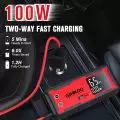 GOOLOO jump starter and power bank with 100W fast charging,   displaying 65% charge,   inside a car