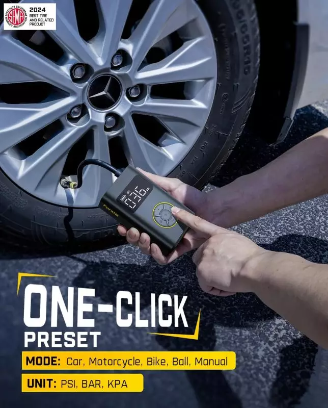 2024 Award-Winning Digital Tire Inflator with One-Click Preset Modes Person using a digital tire inflator to check car tire pressure with display showing pressure reading
