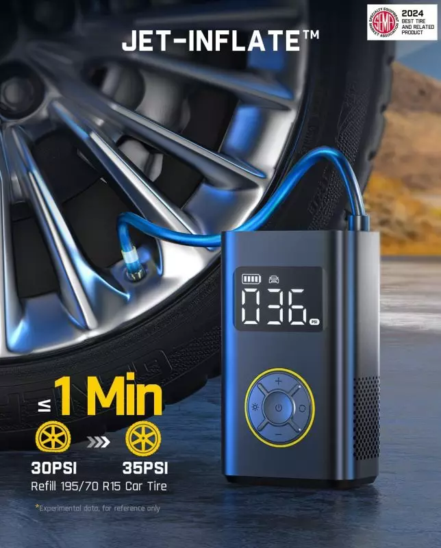 JET-INFLATE™ Digital Tire Inflator – Fast Inflation for 195/70 R15 Tires JET-INFLATE digital tire inflator displaying 036 PSI, connected to car tire 195/70 R15 via blue hose, 2024 Best Tire Product