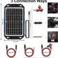 Solar panel charger featuring SAE-Alligator Clips, SAE-Cigarette Lighter, and SAE-Bare End Terminals connections for charging devices