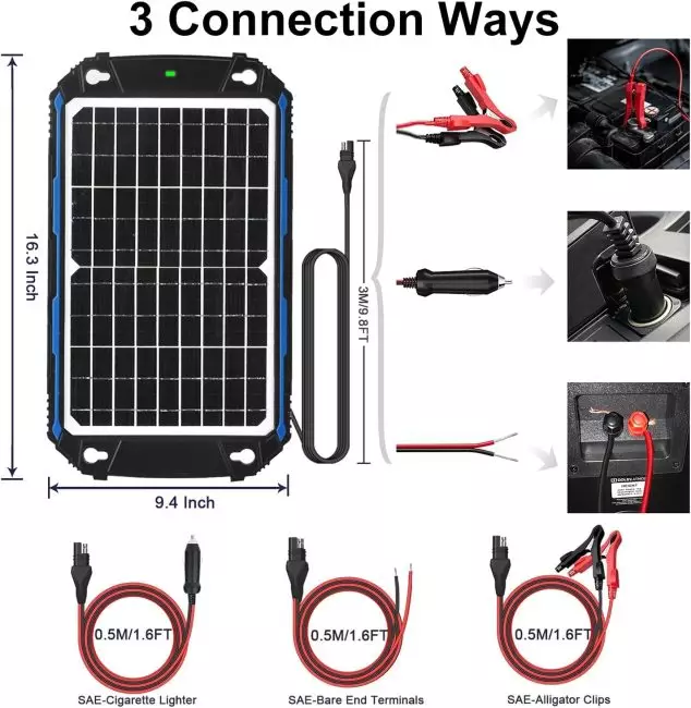Solar panel charger featuring SAE-Alligator Clips, SAE-Cigarette Lighter, and SAE-Bare End Terminals connections for charging devices