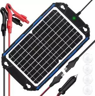 Solar battery charger featuring a solar panel, alligator clips, 12V car charger plug, and suction cups for mounting