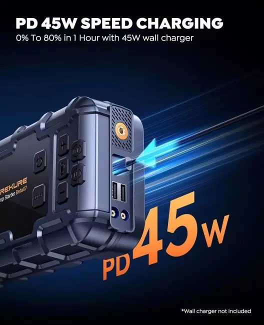 Portable power bank with Power Delivery 45W fast charging, rugged design, and multifunctional ports