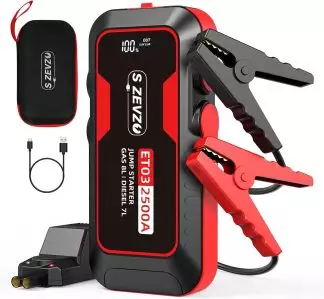 Portable SZEVZO ET03 2500A car jump starter kit with jumper cables, USB charging cable, 12V adapter, and carrying case