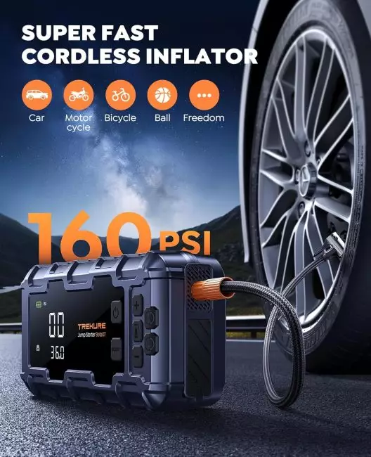 Cordless inflator with digital display inflating a car tire, suitable for cars, bicycles, motorcycles, balls, and other items, up to 160 PSI capacity