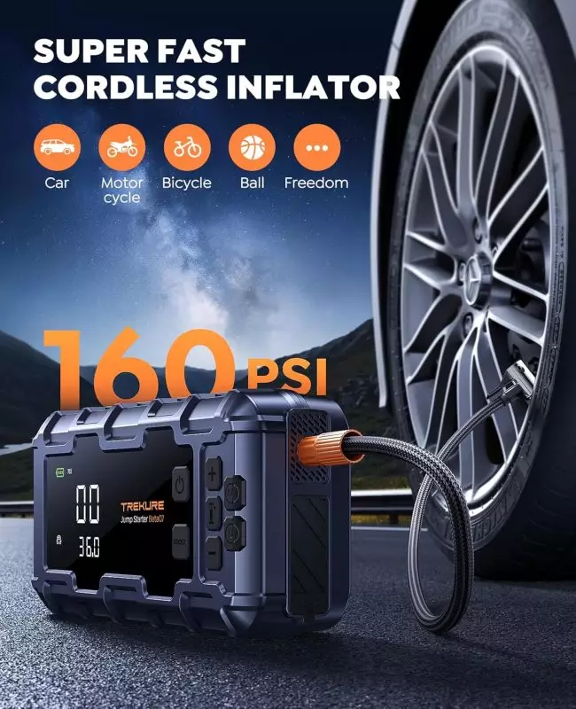 Cordless Inflator with Digital Display – 160 PSI Fast Inflation for Cars, Bikes, and More Cordless inflator with digital display inflating a car tire, suitable for cars, bicycles, motorcycles, balls, and other items, up to 160 PSI capacity