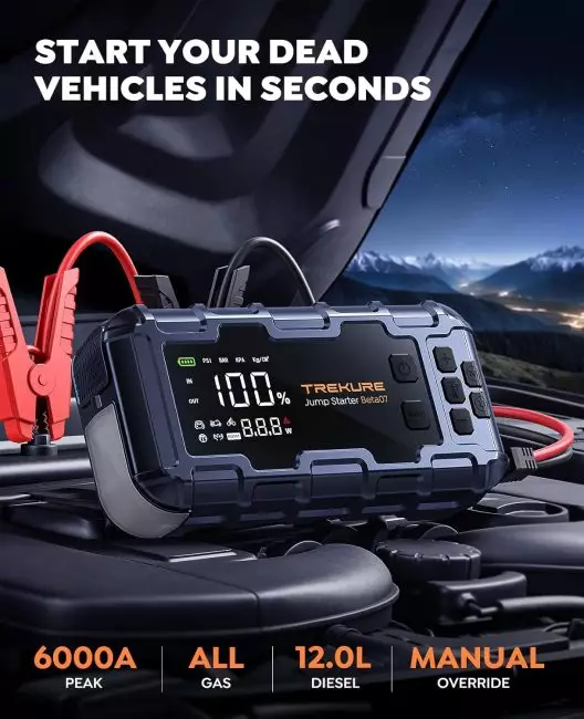 TREKURE Jump Starter Beta07 with 6000A peak current, compatible with all gas engines and up to 12.0L diesel, featuring manual override and battery percentage display