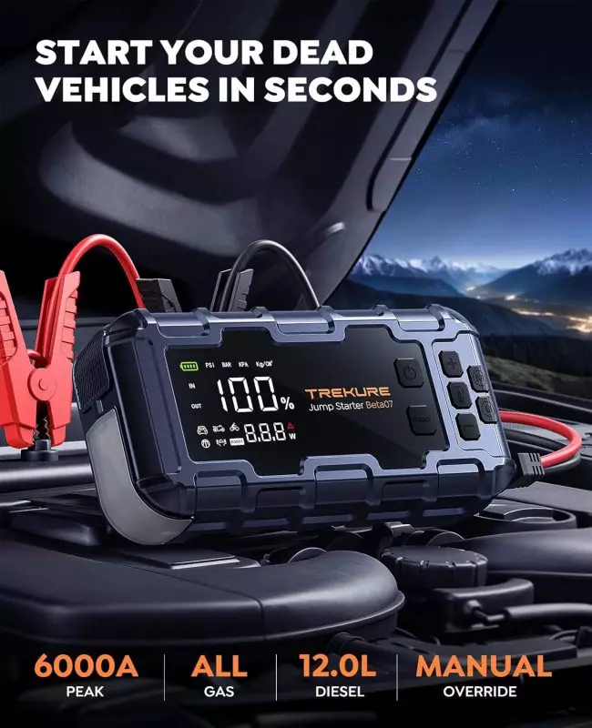 TREKURE Jump Starter Beta07 – 6000A Peak Power for All Gas Engines & 12L Diesel TREKURE Jump Starter Beta07 with 6000A peak current, compatible with all gas engines and up to 12.0L diesel, featuring manual override and battery percentage display