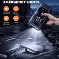 Portable device with 600 lumens emergency light illuminating a car engine at night; features flashlight,   strobe,   and SOS modes for roadside emergencies.