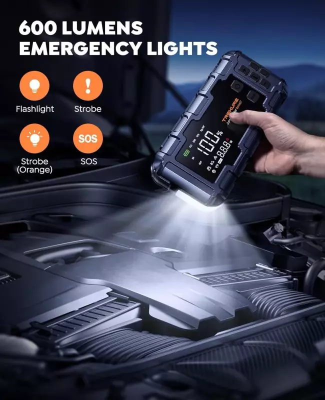 Portable 600 Lumens Emergency Flashlight with Multi-Mode Functionality Portable device with 600 lumens emergency light illuminating a car engine at night; features flashlight, strobe, and SOS modes for roadside emergencies.