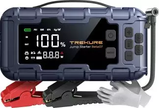Trekure Jump Starter Beta07 portable car jump starter with built-in clamps, digital screen, and safety gloves