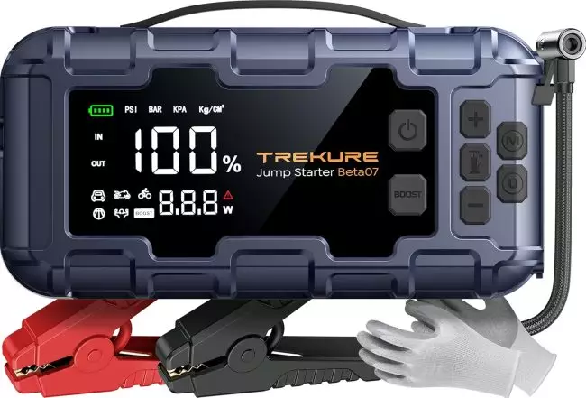 Trekure Jump Starter Beta07 portable car jump starter with built-in clamps, digital screen, and safety gloves