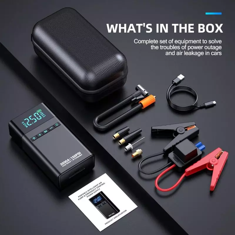 Car Emergency Kit with Portable Air Pump and Jumper Cables Complete car emergency kit featuring a 150 PSI portable air pump, jumper cables, adapters, charging cable, and carrying case.