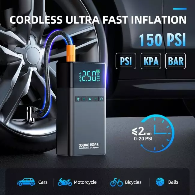 Portable cordless tire inflator with digital display for cars, motorcycles, bicycles, and balls, capable of inflating up to 150 PSI