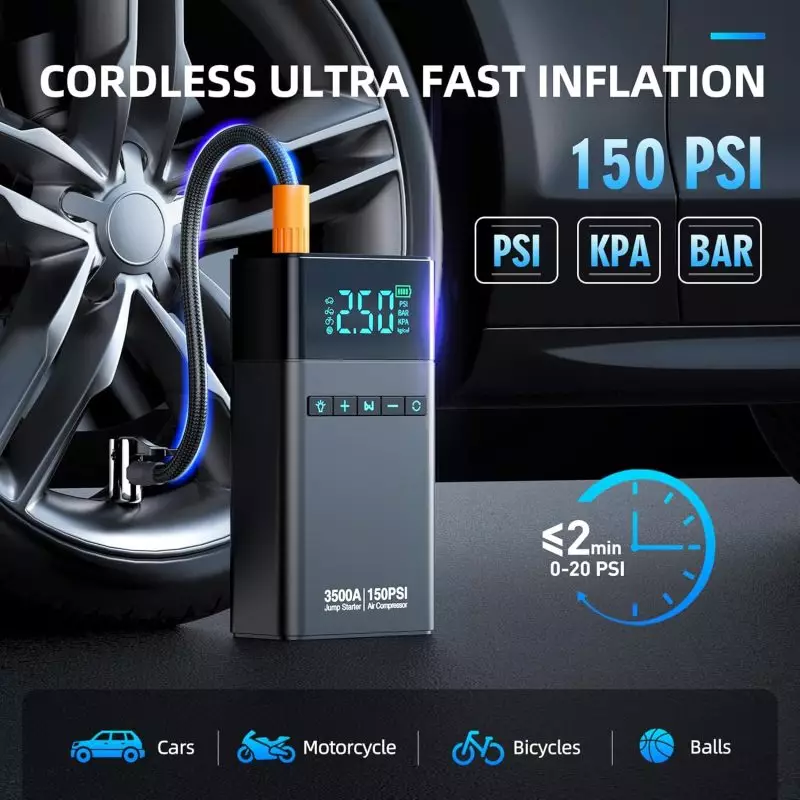 Cordless Digital Air Compressor for Ultra-Fast Inflation – Up to 150 PSI Portable cordless tire inflator with digital display for cars, motorcycles, bicycles, and balls, capable of inflating up to 150 PSI