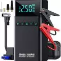 Portable emergency device combining a 3500A jump starter and 150PSI air compressor with digital display,   jumper cables,   air hose,   and adapters