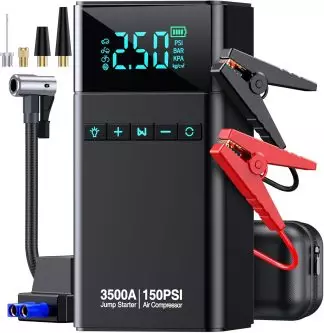 Portable emergency device combining a 3500A jump starter and 150PSI air compressor with digital display, jumper cables, air hose, and adapters