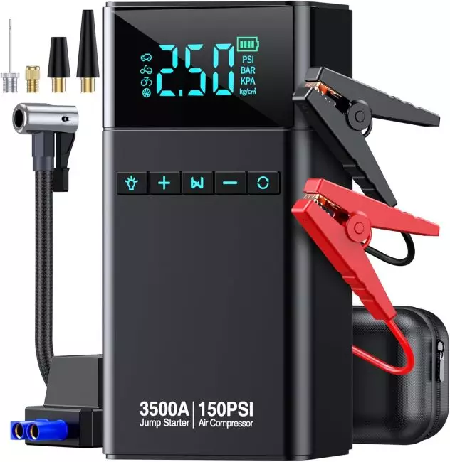 Portable emergency device combining a 3500A jump starter and 150PSI air compressor with digital display, jumper cables, air hose, and adapters